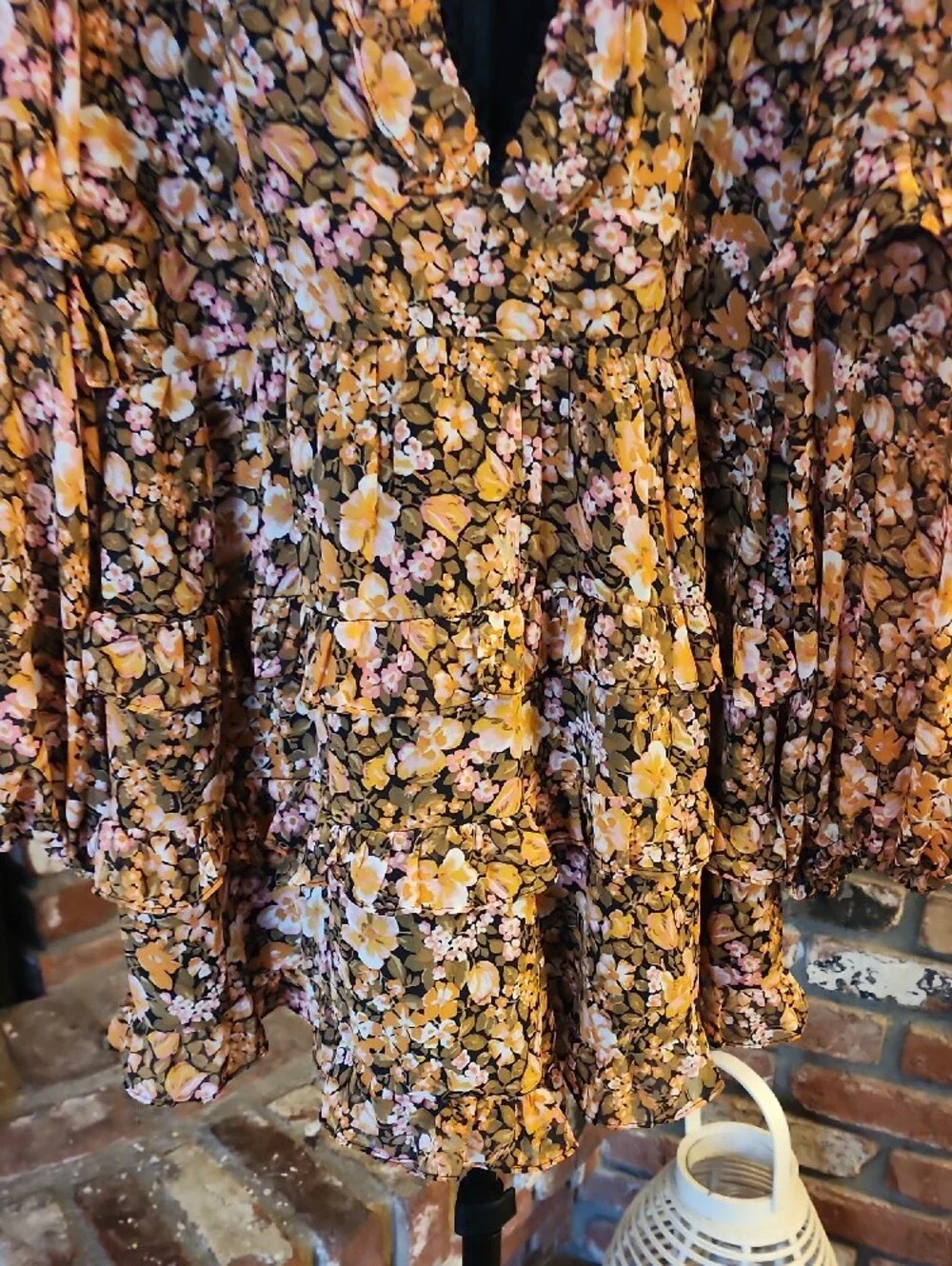Showpo Mustard Pink Floral Plunge V-Neck Tiered Romper Long Sleeve
